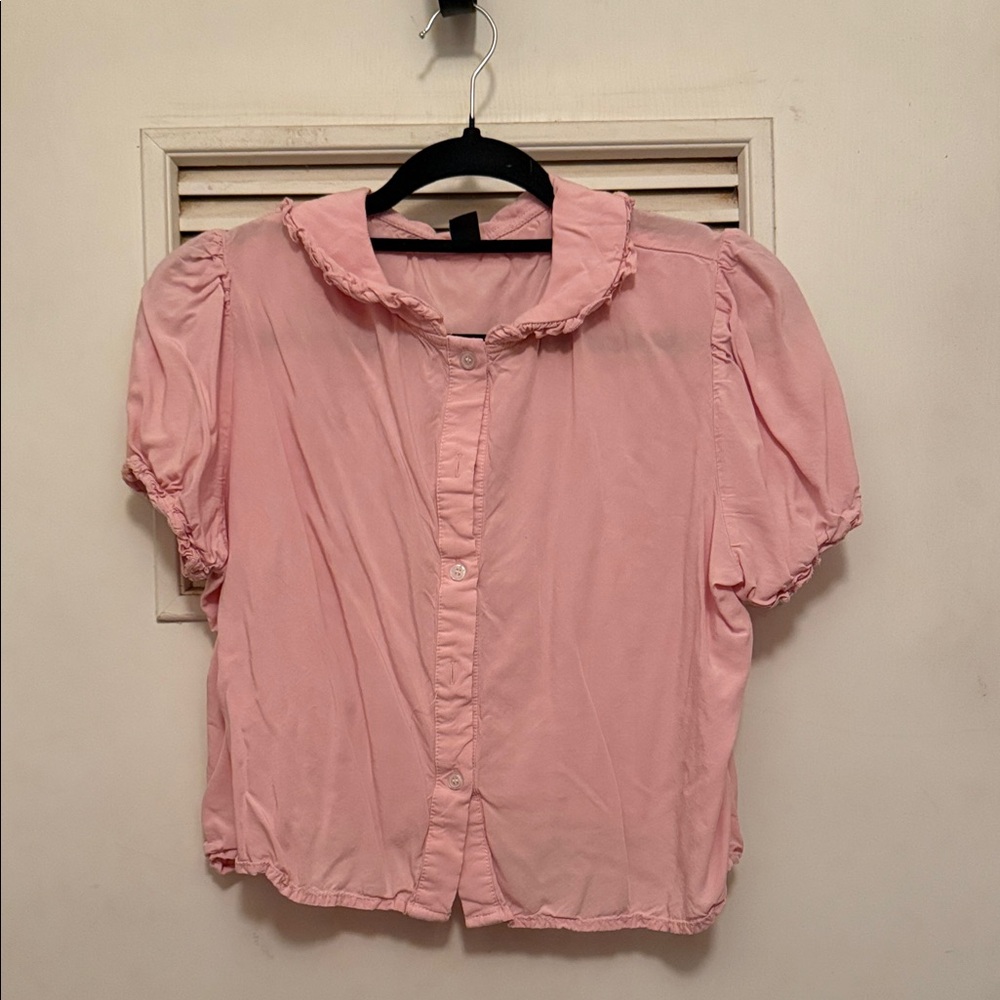 SHEIN Pink Button-Up Blouse with Ruffled Collar